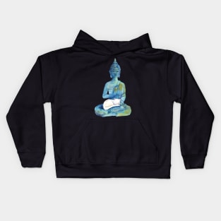 Watercolor Meditating Zen Buddha Statue with Sleepy Cat Kids Hoodie